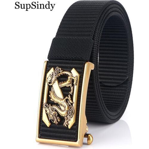 SupSindy Mans nylon belt luxury gold Dragon metal automatic buckle Canvas Belts for men casual jeans Waistband black male strap