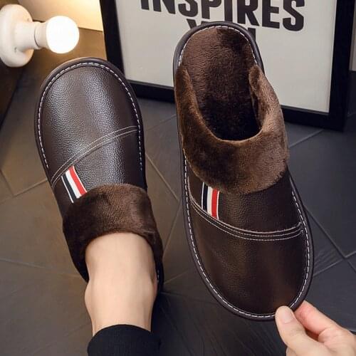 Ousefu Plush Slippers Womens Winter Slipper Genuine Leathe Waterproof Flat Shoes Woman Soft Comfort Female Home Slippers