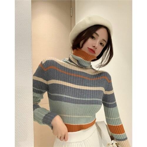 Thin Slim Turtleneck Stripe Knitted Sweater Women Autumn Winter Casual Female Pullover All-Match Contrast Striped Knitwear Tops