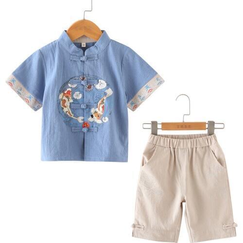 Traditional Chinese Dance Costumes Han Tang Hanfu Boys Summer Tang Suit Shirt And Shorts 2pcs Hanfu Linen Costume Set SL1032