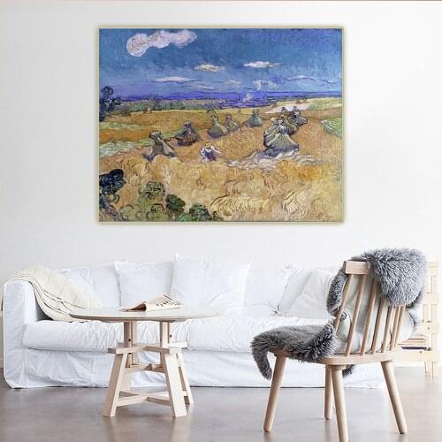 Van Gogh《Wheat Fields with Reaper, Auvers 1890》Canvas Oil Painting Aesthetic Picture Poster Wall Hanging Decor Home Decoration