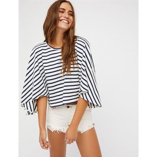Fashion Women Cold Off Shoulder Stripe Loose Tops Bat Short Sleeve O-neck Summer Casual Baggy Blouse Shirt