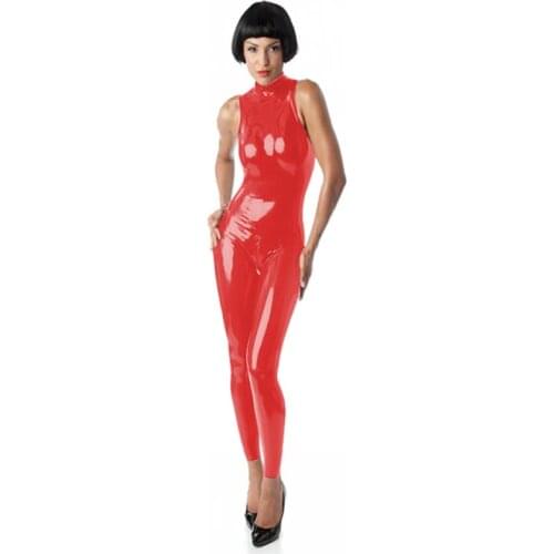 High Quality Shiny Dance Catsuit Zipper Back PVC Jumpsuit Women Sleeveless High Neck Bodysuit Halloween Cosplay Costume