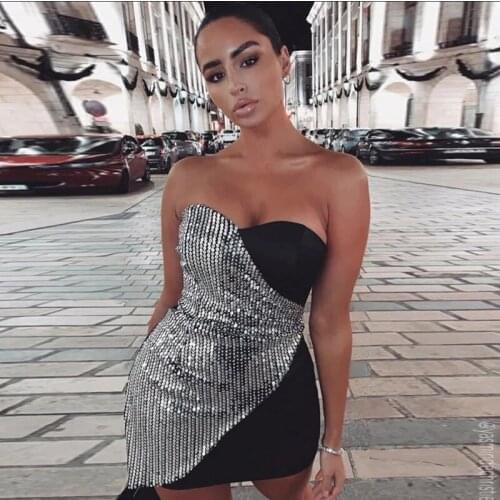 New fashion contrast silver sequin dress women night club sexy strapless party ladies outfits wrap short mini dress vestidos