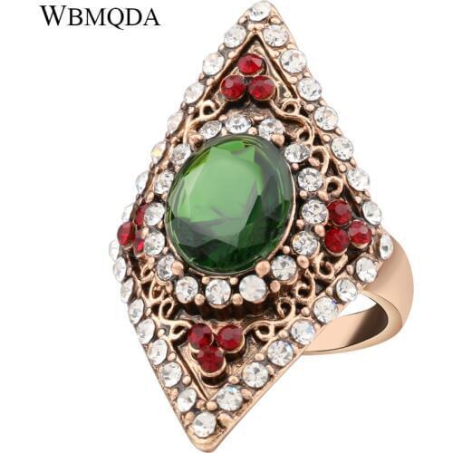 Bohemian Rhombus Red Crystal Ring Turkish Antique Gold Big Green Stone Rings For Women Vintage Jewelry Accessories
