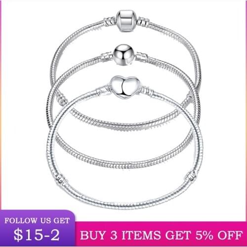 17-21cm Silver Color Love Snake Chain Bracelet Fit Original Design Beads Charm DIY Bead Bangles Jewelry Making Fashion Gift