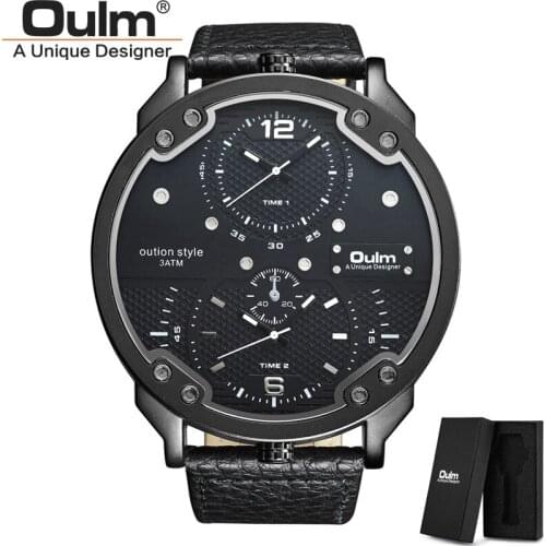 Oulm HP3548M Super Big Dial Unique Mens Watches Two Time Zone Luxury Brand Male Quartz Wristwatch Genuine Leather Watch