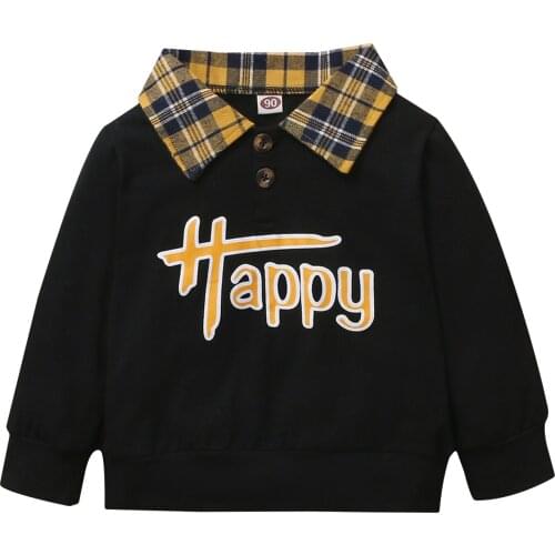 Children Boys Letter Plaid Print Sweatshirt Fashion Loose Fit Long Sleeve Lapel Neck Pullover with Buttons Autumn Clothes Top