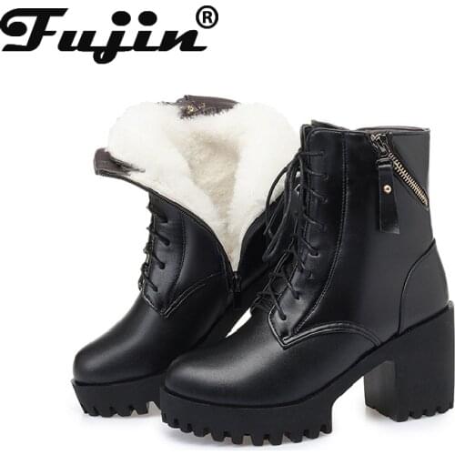 Fujin Winter Boots Wool Women Thick Bottom High Heel Fur Warm Genuine Leather Plush Ankle Boots Platform for Women Snow Boots