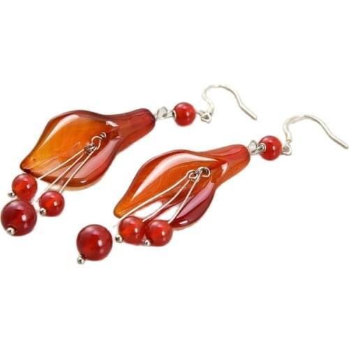 GG Jewelry Red Carnelian Flower Earring-925 Sliver Hook