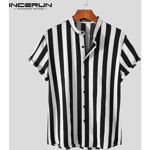 2021 Men Striped Shirt Brand Stand Collar Streetwear Short Sleeve Button Casual Camisa Hombre Leisure Fashion Tops INCERUN S-5XL