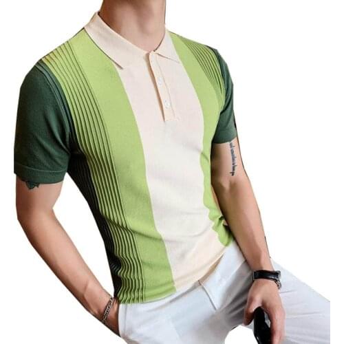 2020 new Gradual Change Color Mens Knitted Shirt Short-sleeved Tops Striped Turn Down Collar Business Men Shirt