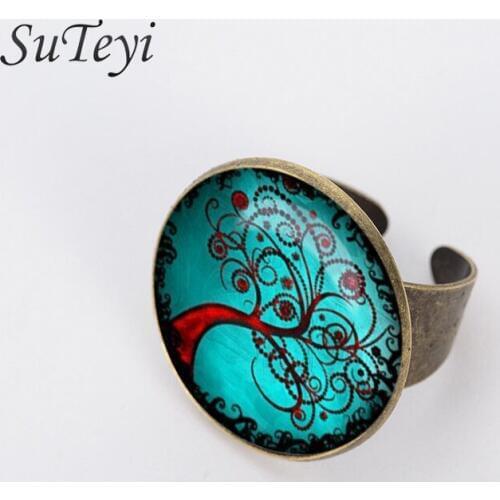 SUTEYI New 20mm Life Tree Glass Cabochon Vintage Ring Antique Bronze Plated Rings for women Jewelry Adjustable Vintage Ring
