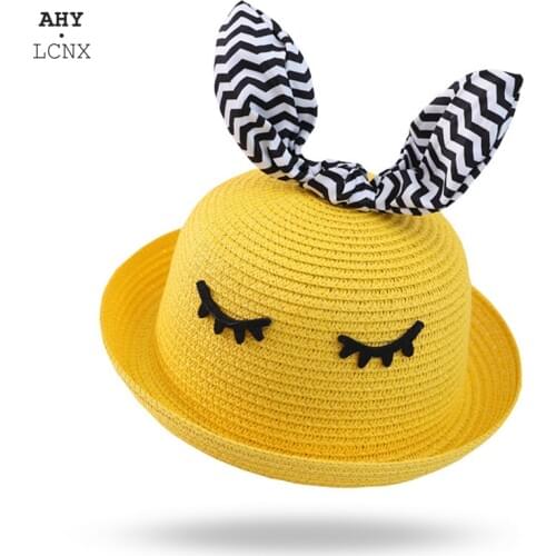 Summer New Bunny Brand Straw Hats Baby Ear Decoration Lovely Children Bucket Girls and Boys Sun Hat Solid Kid Floppy Panama