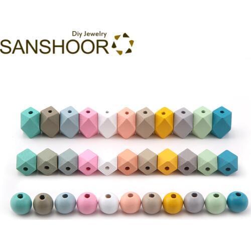 SANSHOOR Mixed 3 Designs Colorful Wooden Beads Include Long Hexagon 15mm Geometric Round Fit DIY Women Necklace Earrings 33 Pcs