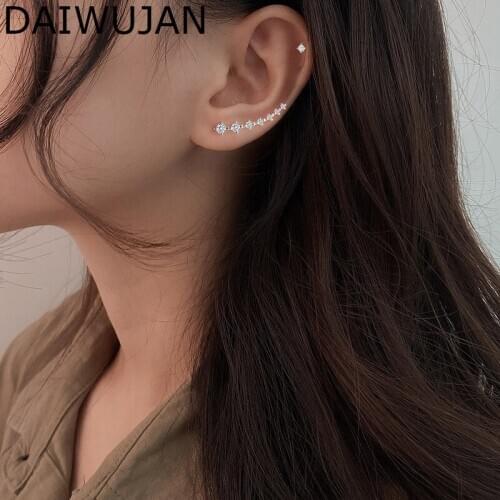 DAIWUJAN Luxury Crystal Piercing Clip Earrings for Women Silver Four-Prong Setting 3A Zircon Ear Climber Ear Cuff Jewelry