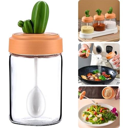240ml Glass Cactus Lid Seasoning Jar Set With Spoon Tray Kitchen Tools Accessories 3pcs Home Spice Honey Storage Container Set