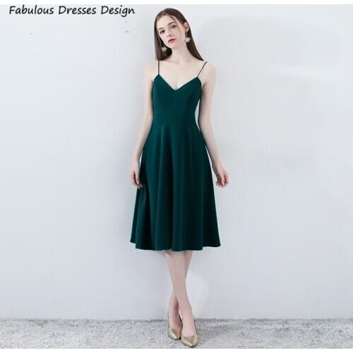 Dark Green Tea Length Prom Dresses 2021 Spaghetti Strap Backless V-neck Bowknot Evening Dress Party A Line Vestido De Fiesta