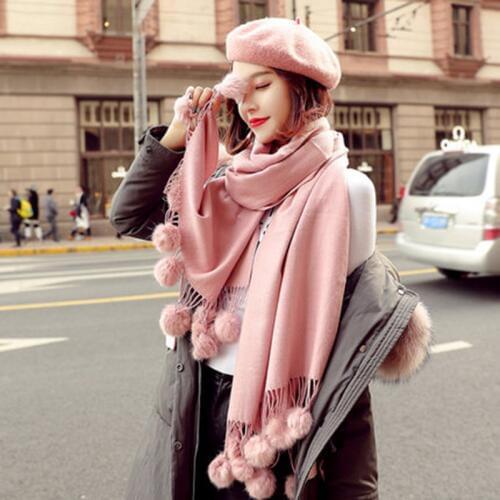 Warm Winter Wool Cashmere Pom Scarf Pink Thick With Rabbit Fur Ball Pashmina Large Stole Lady Wrap Shawl Oversize Blanket