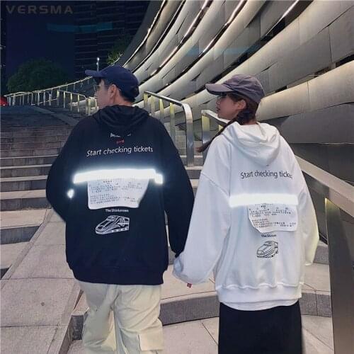 VERSMA Japanese Harajuku 3M Reflective Hood Sweatshirt Hoodie Male Hip Hop Streetwear Couple Oversized Hoodie Men Dropshipping