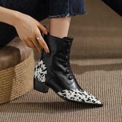 Women Elegant Ankle Boots Thick High Heel Shoes Zipper Pointed Toe Ladies Footwear Short Boots New Real Horsehair Western Boots