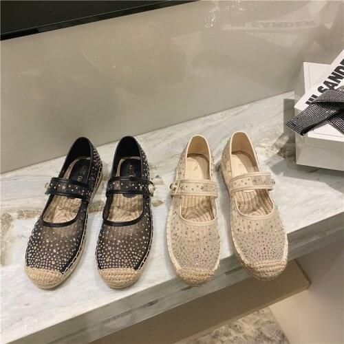 Rhinestones Air mesh mary janes woman flats ins camellia sneakers loafers espadrilles hemp breathable fisherman shoes women 2021