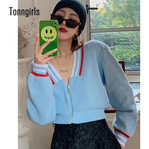 Tonngirls V-neck Streetwear Women Sweater 2021 Autumn Spring Korean Zippers Cardigans Women Patchwork Knit Ladies Cardigan Y2K