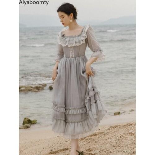 Summer Women Fairy Long Princess Dress French Style Gorgeous Tiered Lace Ruffles Mesh Dress Elegant Silver-Grey Mesh Party Dress