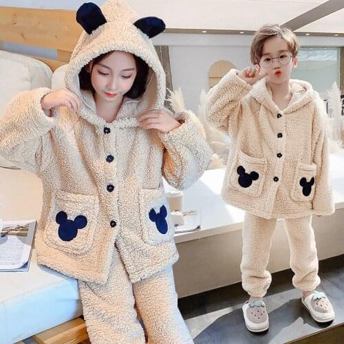Childrens Pajamas Long Sleeve Thickened Boys' Homewear Sets Autumn Winter Warm Girls Sleepwear Cartoon Flannel Kids Clothes
