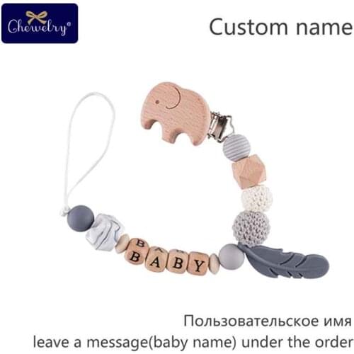Baby Teether Bracelet Silicone Pacifier Clip Chain Wooden Beads Chews Nurse Gift Elephant Teething Necklace Personalised Name