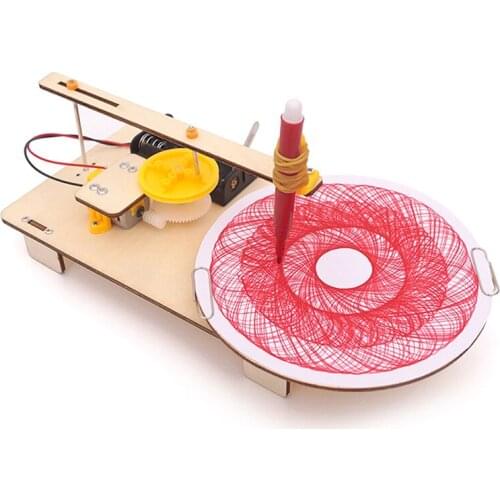 Kids Creative DIY Assembled Wooden Electric Plotter Kit Model Automatic Painting Drawing Robot Science Physics Experiment Toy