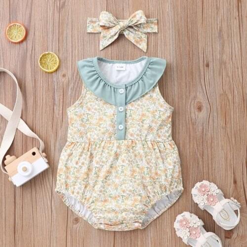 Baby Girl Clothes 2 Pcs Sets Sweet Floral Print Turn-down Collar Sleeveless Baby Bodysuit+bow Headband Baby Girl Romper 0-18M