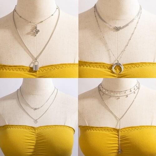 Docona Bohemia Silver Color Butterfly Pendant Necklace for Women Simple Multilayer Letters Snake Choker Ladies Jewelry Collar