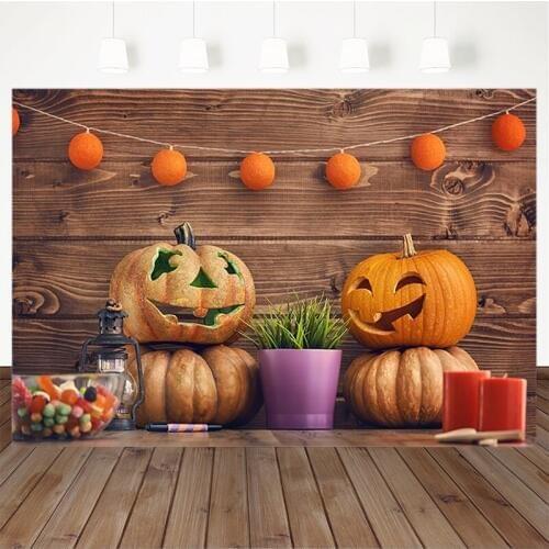 Halloween Photography Background Pumpkin Lantern Potted Plants Wooden Backdrop Family Party Banners Decoration For Photo Studio