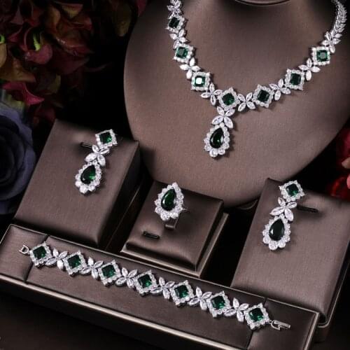Janekelly cubic zirconia necklace bracelet earrings and ring 4pcs dubai full Wedding jewelry set for women bridal
