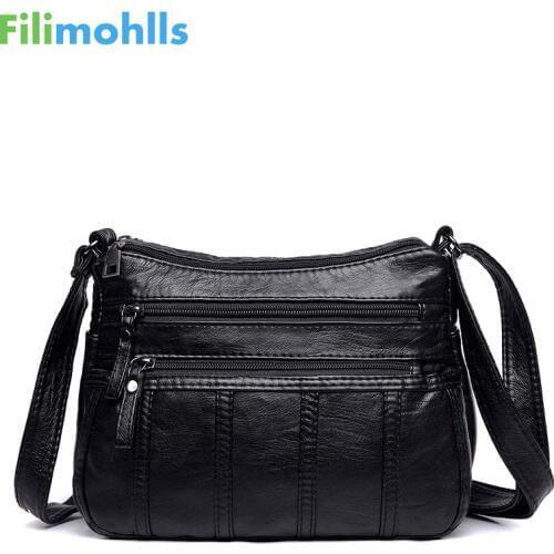 Fashion Women Crossbody Bag Black Soft Washed Leather Shoulder Bag Patchwork Messenger Bag Small Flap Bag for Girls S1941