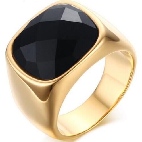 RC-260 Fashion design Gold Biker Mens Ring 316L Stainless Steel Black Large stone Jewelry 8-11