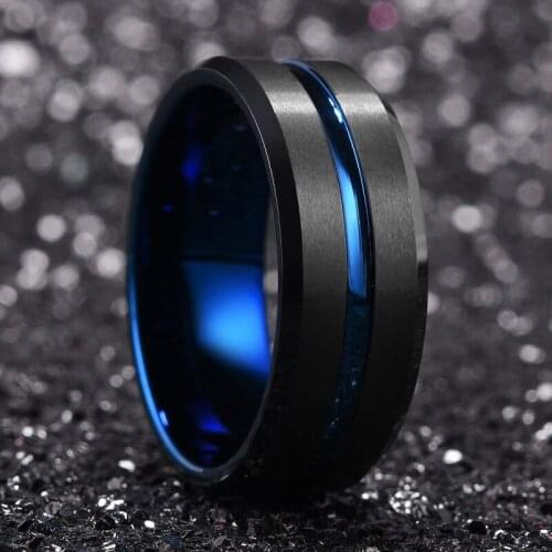 Fashion Mens Black Stainless Steel Ring Blue Black Groove Bevel Wedding Engagement Ring Anniversary Ring Mens Jewelry