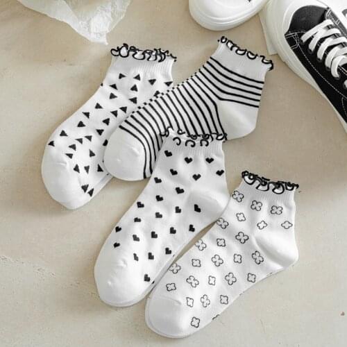 Cute socks love print striped frilly sokken kawaii black white woman medias cool designer chaussette femme women cotton sock