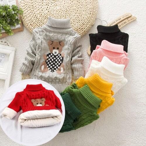 New Child Cartoon Sweater Plush Winter Boy Girl Kid Thick Knitted Turtleneck Shirts Solid High Collar Pullover Fluff Sweater