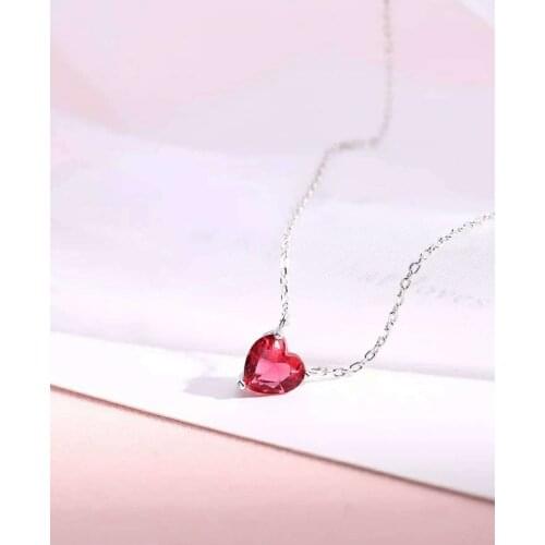 Silver-Plated Red Love Corundum Crystal Heart-Shaped Clavicle Chain Simple Pendant Necklace For Women Party Jewelry Gift Wedding