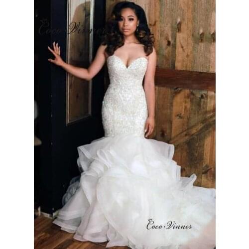 Simple Sweetheart Organza Mermaid Wedding Dresses Lace Crystal Beaded Lace up back Plus Size America Wedding Dress W0827