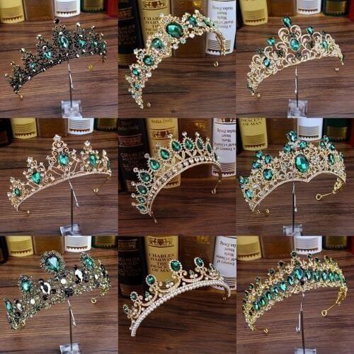 Luxury Green Crystal Baroque Diadem Rhinestone Bridal Crowns And Tiaras Headband For Wedding Party Prom Pageant Hair Accessories