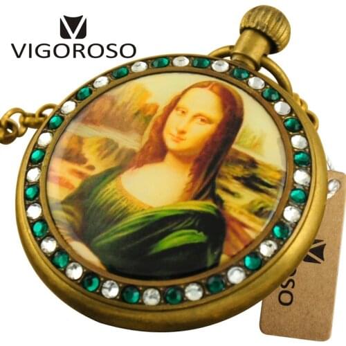 VIGOROSO Gaudy Luxury watch Antique Copper Hand Wind Mechanical Pocket Watch Accessorized with Diamond Emerald Vintage 1882S