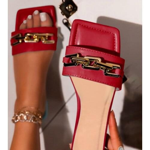 2021 Women Square Toe Slippers Ladies Chain Fashion Flat Female Metal Decoration Slides Womens Casaul Summer Shoes Plus Size