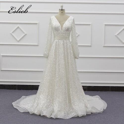 Eslieb Shining A line Wedding dresses V-neck Pleat Long Sleeves Wedding dress 2020 Bride Gown Vestido de Noiva China