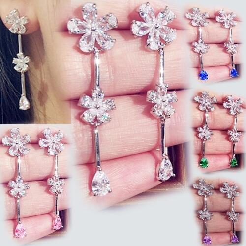 YaYI Jewelry Fashion Princess Cut Colorful Zircon Silver Color long Ear Earrings wedding Party tassel Pierced Earrings Gifts