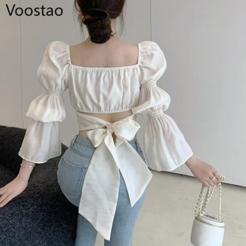 Spring Autumn Women Elegant Sweet Puff Sleeve Princess Blouses Girl Square Collar Backless Bow Bandage Shirts Retro Blusas Mujer