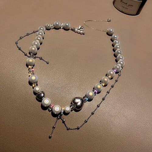 2021 Punk Imitation Pearl Love Heart Clavicle Chain Necklaces for Women Vintage Fashion Charm Necklace Y2K Jewelry 90s Gifts