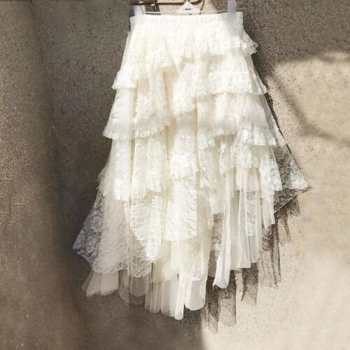 Free Shipping 2019 New Fashion Lace Guaze Long Maxi Skirts For Women Summer Style Elastic Waist Ladies White Asymmetrical Skirts